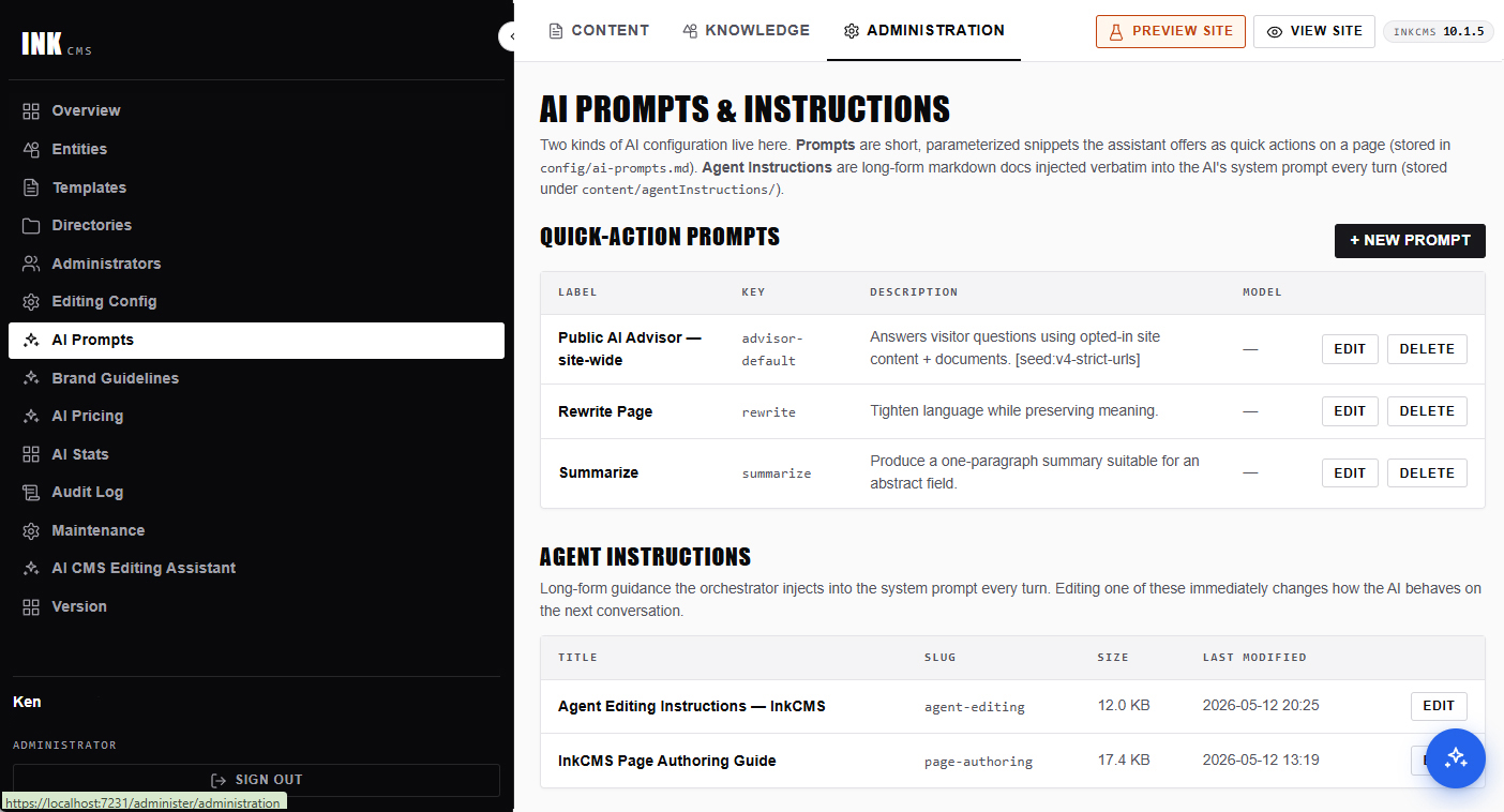 AI prompt library editor showing seeded rewrite, summarize, and brand-aligned drafting prompts