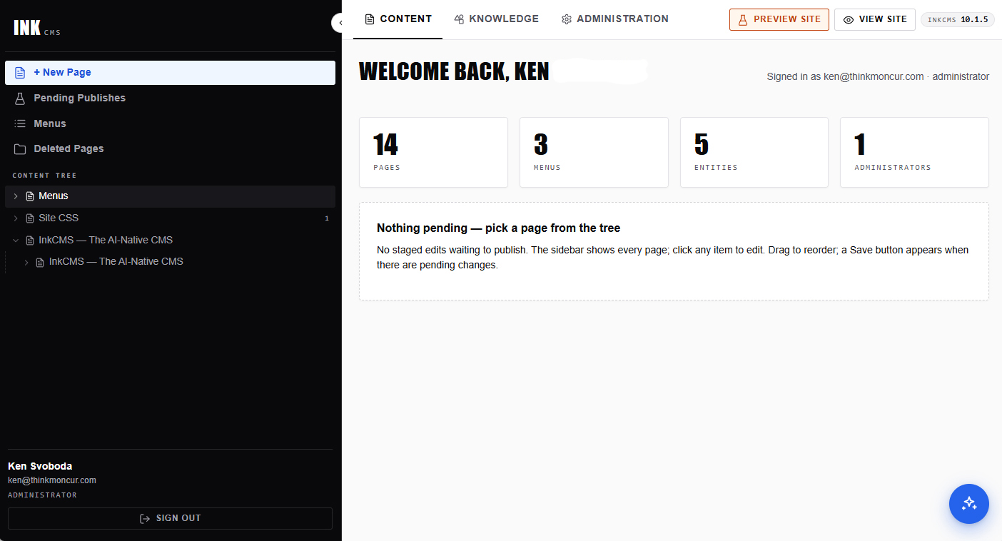 The main InkCMS admin dashboard showing page list and quick actions